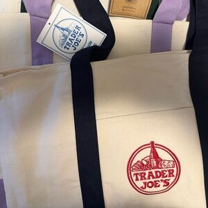 Bundle of 2 large Trader Joe's Canvas Tote Bags in navy blue and lavender